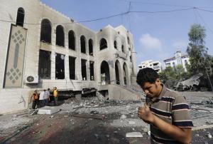 Palestinians inspect the damage at the Ameen mosque &hellip;
