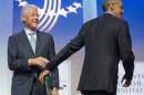 President Barack Obama is greeted by former President Bill Clinton at the Clinton Global Initiative in New York, Tuesday, Sept. 23, 2014. Obama is in New York for three days of talks with foreign leaders at the annual United Nations General Assembly. (AP Photo/Pablo Martinez Monsivais)