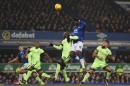 Everton's striker Romelu Lukaku (2R) goes up for a header against Manchester City's defender Eliaquim Mangala (3R) during the English League Cup semi-final first leg football match at Goodison Park in Liverpool, England on January 6, 2016