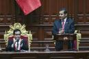 Peru's President Humala and Peruvian Congress President Otarola applaud to State Diplomatic Agents to International Court of Justice at the Peruvian Congress in Lima