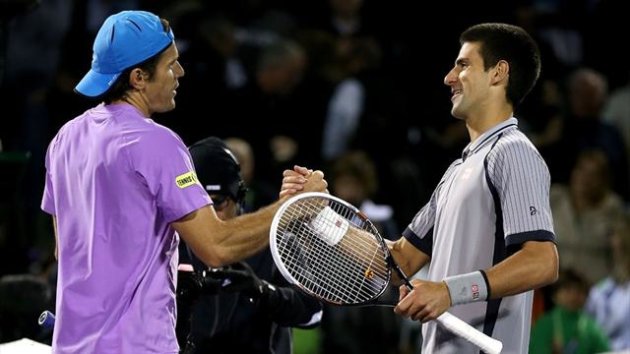 Novak Djokovic congratulates Tommy Haas on his win at the Miami Masters (AFP)