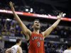 Toronto Raptors' Jose Calderon reacts after their 74-72 win over the Indiana Pacers in an NBA basketball game, Tuesday, Nov. 13, 2012, in Indianapolis. (AP Photo/Darron Cummings)