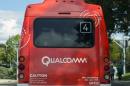 A Qualcomm company bus used to transport employees among its many buildings is shown in San Diego, California