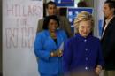 U.S. Democratic presidential candidate Hillary Clinton arrives for a campaign town hall meeting in Claremont,