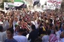 Demonstrators protest against Syria's President Bashar al-Assad in Sermeen, near Idlib, in this handout photo provided by Shaam News Network