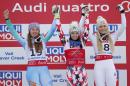 From left; Slovenia's Tina Maze, second place' Austria's Anna Fenninger, first place, and United States' Lindsey Vonn, third place, celebrate on the podium after the women's super-G competition at the alpine skiing world championships on Tuesday, Feb. 3, 2015, in Beaver Creek, Colo. (AP Photo/Marco Trovati)