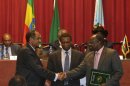 Sudan's chief negotiator Gadir shakes hands with South Sudan's chief negotiator Amum after signing the Post-Secession Agreement in Ethiopia's capital Addis Ababa
