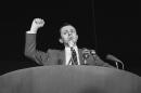 Michel Rocard, gestures as he delivers a speech during a rally at the Palais des Sports at the Porte de Versailles in Paris on May 30, 1969