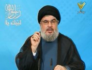 O chefe do movimento libanês Hezbollah, Hassan Nasrallah, discursa na emissora do grupo, a Al Manar, em 16 de setembro
