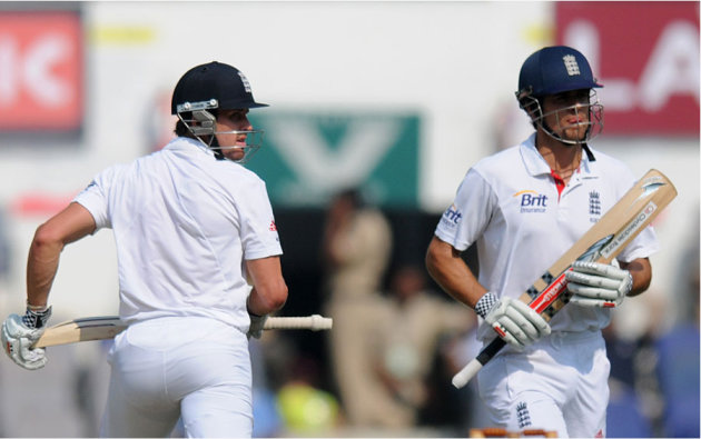 Nick Compton and Alastair cook take a run on Day 4 of the fourth cricket Test between India and England at the Jamtha Stadium in Nagpur,   Sunday, December 16, 2012. (c) BCCI