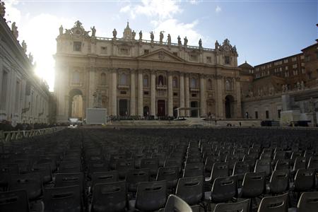 Chairs are in place in Saint Peter's Square at the Vatican, one day before Pope Francis' inaugural mass March 18, 2013. REUTERS/Paul Hanna