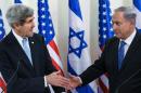 U.S. Secretary of State John Kerry, left, and Israeli Prime Minister Benjamin Netanyahu shake hands before a meeting at the prime minister's office in Jerusalem, Thursday, Jan. 2, 2014. Kerry arrived Thursday in Israel to broker Mideast peace talks that are entering a difficult phase aimed at reaching a two-state solution between the Israelis and Palestinians. (AP Photo/Brendan Smialowski, Pool)