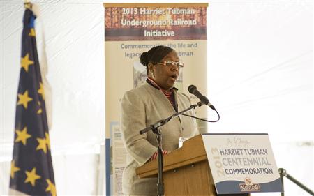 Harriet Tubman's great-great-great-niece, Patricia Ross-Hawkins, gives a speech during the groundbreaking of the Harriet Tubman Underground Railroad State Park in Cambridge, Maryland, March 9, 2013. REUTERS/Lacey Johnson