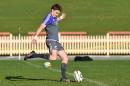 The New Zealand All Blacks rugby fly-half Beauden Barrett kicks a ball during practice on August 19, 2016