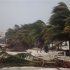 A resident walks past swaying palm trees following the passing of Hurricane Ernesto in Mahahual