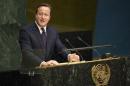 British Prime Minister David Cameron addresses the 2015 Sustainable Development Summit, Sunday, Sept. 27, 2015, at United Nations headquarters. (AP Photo/Craig Ruttle)