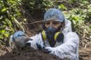 In this Oct. 3, 2014 photo, criminologist Israel Ticas removes soil from a clandestine gravesite in San Salvador, El Salvador. Ticas is a self-taught forensic scientist who says he has opened about 90 common graves with more than 700 bodies over the past 12 years and that is just a fraction of what is out there in his country. (AP Photo/Salvador Melendez)