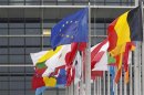 The European flag fly amongst EU member countries' national flags in front of the European Parliament, in Strasbourg