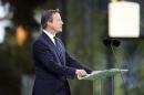 Britain's PM Cameron speaks during a ceremony at the St. Symphorien Military Cemetery in Mons