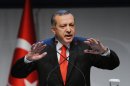 Turkey's Prime Minister Recep Tayyip Erdogan addresses a forum in Istanbul, Turkey, Saturday, Oct. 13, 2012. Turkey's prime minister sharply criticized the U.N. Security Council on Saturday for its failure to agree on decisive steps to end the 19-month civil war in Syria. (AP Photo)