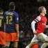 Arsenal's Wilshere celebrates scoring as Montpellier's Congre and El Kaoutari look on during their Champions League Group B soccer match in London