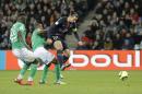 Paris Saint Germain's Zlatan Ibrahimovic, right, challenges for the ball with Saint-Etienne's Moustapha Sall, left, and Kevin Theophile Catherine, center, during their French League One soccer match in Saint-Etienne, central France, Sunday, Jan. 31, 2016. (AP Photo/Laurent Cipriani)