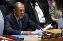 Russian Foreign Minister Lavrov speaks to the U.N. Security Council after it unanimously voted in favor of a resolution eradicating Syria's chemical arsenal during a Security Council meeting at the 68th U.N. General Assembly in New York