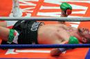 Welsh boxer Enzo Maccarinelli boxer lays on the canvas on March 14, 2009 at the M.E.N arena, in Manchester, north-west England