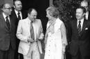 FILE - In this Friday, June 22, 1979 file photo, British Prime Minister Margaret Thatcher, center right, exchanges views with Danish Premier Anker Joergensen, center left, after a summit meeting at the Strasbourg City Hall on in Strasbourg, France. Anker Joergensen, a former prime minister loved by many Danes for his down-to-earth character but criticized for his handling of economic problems in the 1970s and '80s, has died. He was 93. Joergensen's Social Democrats announced Joergensen's death in a statement Sunday, March 20, 2016. It didn't give the date or cause of death. (AP Photo, file)