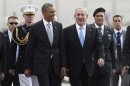 U.S. President Obama participates in a farewell ceremony with Israeli PM Netanyahu at Tel Aviv International Airport