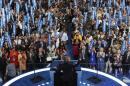 President Barack Obama waves to the delegates before speaking during the third day of the Democratic National Convention in Philadelphia , Wednesday, July 27, 2016. (AP Photo/Mary Altaffer)