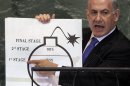 Prime Minister Benjamin Netanyahu of Israel shows an illustration as he describes his concerns over Iran's nuclear ambitions during his address to the 67th session of the United Nations General Assembly at U.N. headquarters Thursday, Sept. 27, 2012. (AP Photo/Richard Drew)
