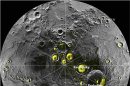 Radar image of Mercury's north polar region is shown superposed on a mosaic of Mercury MESSENGER images