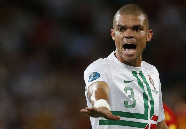 Portugal's Pepe reacts during their Euro 2012 semi-final soccer match against Spain at the Donbass Arena in Donetsk