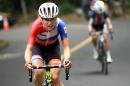 Netherlands' Annemiek Van Vleuten (L) leads USA's Mara Abbott during the Women's road cycling race at the Rio 2016 Olympic Games in Rio de Janeiro on August 7, 2016