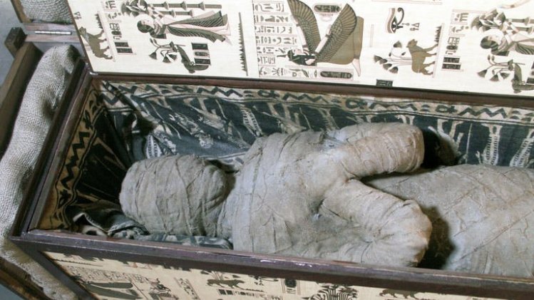 An undated picture shows a sarcophagus with a mummy in the attic of a house in Diepholz, Germany