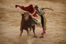 Bullfighter Juan Jose Padilla performs with an El Pilar ranch fighting bull during a bullfight of the San Fermin festival, in Pamplona, Spain, Friday, July 12, 2013. (AP Photo/Daniel Ochoa de Olza)