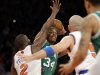 Boston Celtics forward Paul Pierce (34) looks to pass as New York Knicks guard Raymond Felton (2) defends in the second half of Game 1 of the NBA basketball playoffs in New York, Saturday, April 20, 2013. The Knicks defeated the Celtics 85-78. (AP Photo/Kathy Willens)
