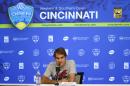 Roger Federer of Switzerland talks to the media at the Western & Southern Open at the Lender Family Tennis Center on August 12, 2014 in Cincinnati, Ohio