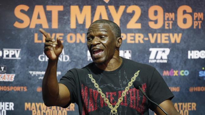 Boxer Floyd Mayweather Jr.&#39;s father and trainer Floyd Mayweather Sr. speaks during a media roundtable Thursday, April 30, 2015, in Las Vegas. Floyd Mayweather Jr. will face Manny Pacquiao in a welterweight boxing match in Las Vegas on May 2. (AP Photo/John Locher)