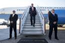 U.S. Secretary of State John Kerry arrives at Stansted Airport outside of London, where he is expected to attend meetings on Syria with the London 11, Wednesday, May 14, 2014. (AP Photo/Jacquelyn Martin, Pool)