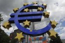 A general view of a structure of the Euro currency sign is seen in front of the European Central Bank (ECB) headquarters in Frankfurt