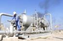 A worker checks the valve of an oil pipe at Nahr Bin Umar oil field, north of Basra, Iraq