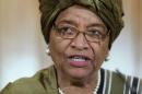 Liberia's President Sirleaf speaks to the media following a UN High Level panel meeting at Number 10 Downing Street, London