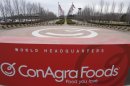 This March 21, 2011, file photo shows a sign for ConAgra Foods' world headquarters in Omaha, Neb. ConAgra Foods is buying private-label food producer Ralcorp for about $4.95 billion, which will make it the biggest private-label packaged food business in North America. ConAgra Foods Inc. said Tuesday, Nov. 27, 2012, that the deal is expected to close by March 31, 2013 and needs Ralcorp shareholder approval. (AP Photo/Nati Harnik, File)