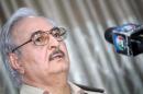 Retired Libyan general Khalifa Haftar speaks during a press conference in the town of Abyar on May 17, 2014