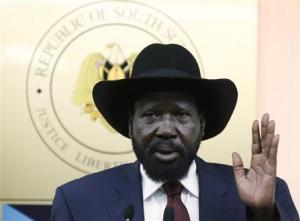 South Sudan's President Salva Kiir gestures during a news conference in Juba