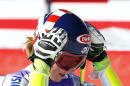 FILE -- In this file photo taken on Oct. 24, 2015, Mikaela Shiffrin, of the United States, reacts in the finish area during a Ski World Cup women's Giant Slalom in Soelden, Austria. Olympic slalom champion Mikaela Shiffrin crashed while warming up for a World Cup giant slalom race in Are, Sweden, on Saturday and was taken to a local hospital for tests on her right knee. (AP Photo/Alessandro Trovati)