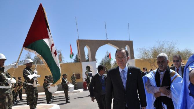 UN Secretary General Ban Ki-moon (C) arrives at the Sahrawi refugee camp of Rabouni, in the disputed territory of Western Sahara on March 5, 2016