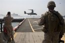 The V-22 Osprey arrives for the Marines from the 1st Battalion 9th Marines Charlie Company 2nd Platoon during a tactical demonstration as a part of Fleet Week in New York